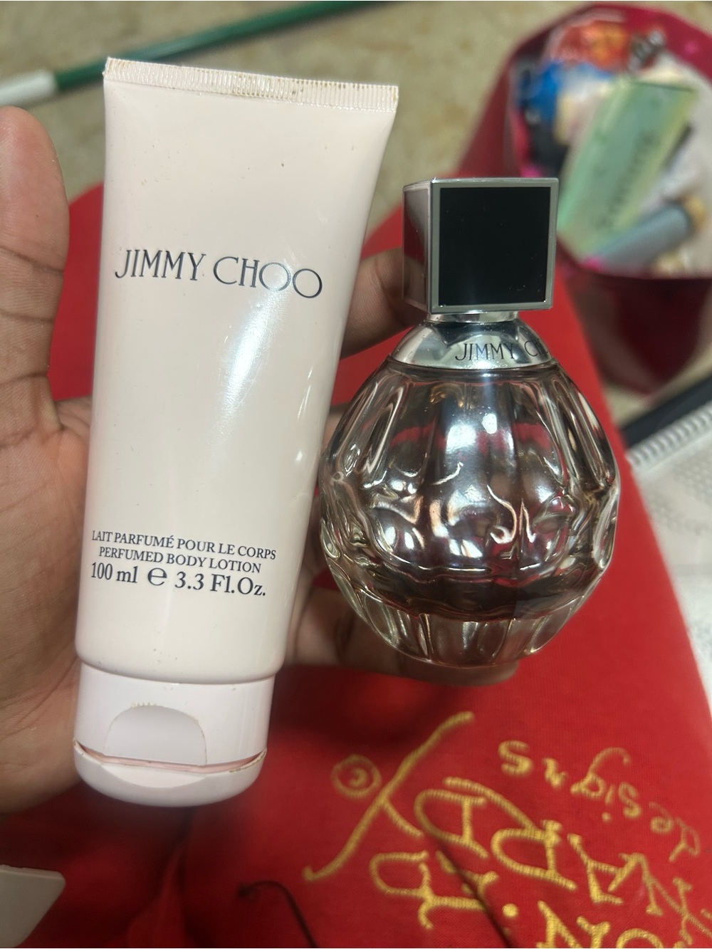 Jimmy Choo Pink Body Lotion with Silver-Toned Mini Perfume Bottle